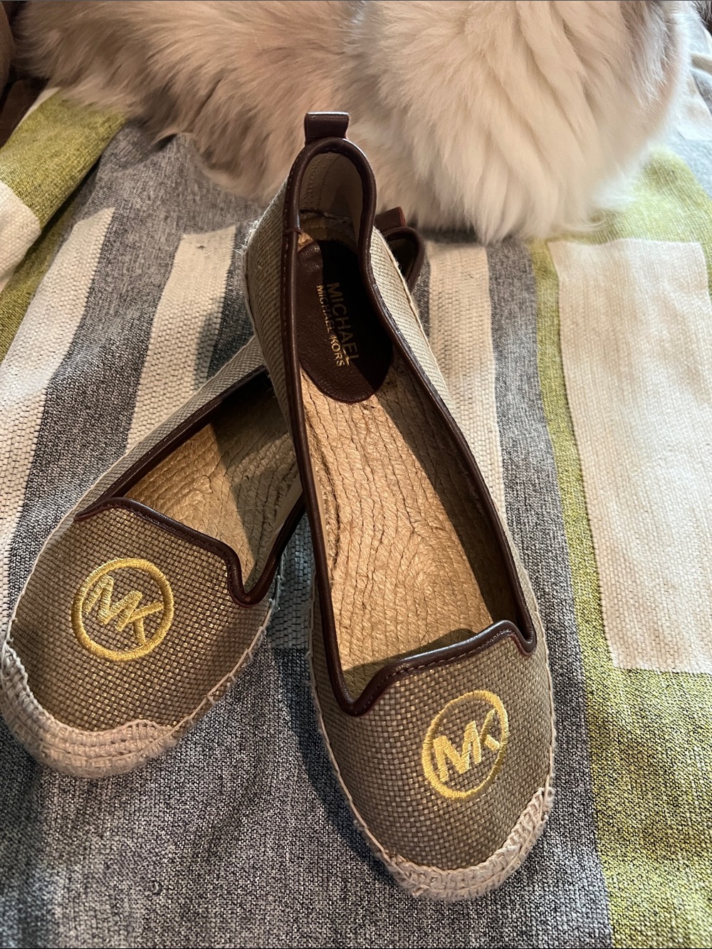 MICHAEL Michael Kors Olive Canvas Espadrille Flats with Yellow Logo